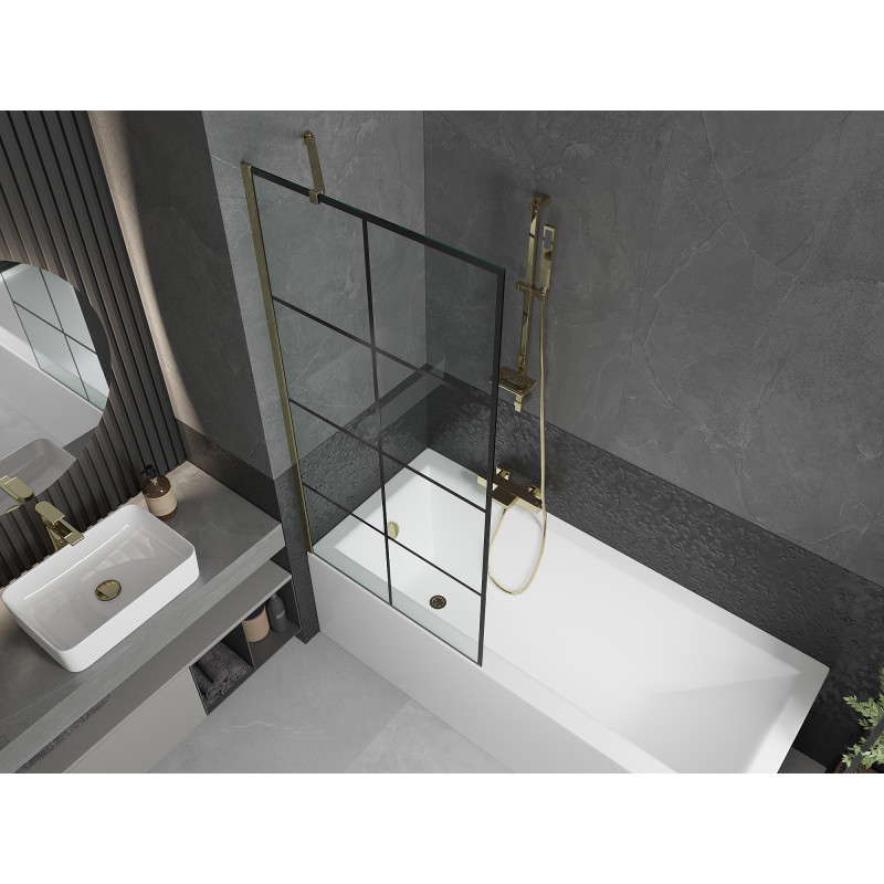 Mexen Next Einteilige Duschabtrennung 80 x 150 cm, schwarzes Karomuster, gold - 895-080-000-00-77-50