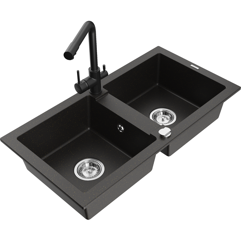 Mexen Mario Granitspüle 2-Kammer mit Küchenarmatur Duero, schwarz/gold metallic - 6504-75-671600-70