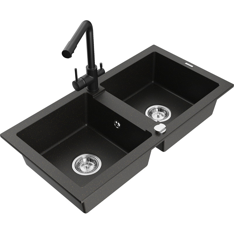 Mexen Mario Granitspüle 2-Kammer mit Küchenarmatur Duero, schwarz/goldener Metallic - 6504-75-671600-70