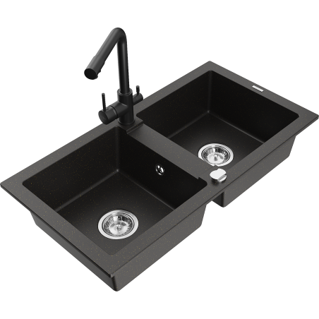 Mexen Mario Granitspüle 2-Kammer mit Küchenarmatur Duero, schwarz/gold metallic - 6504-75-671600-70