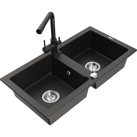 Mexen Mario Granitspüle 2-Kammer mit Küchenarmatur Duero, schwarz/goldener Metallic - 6504-75-671600-70