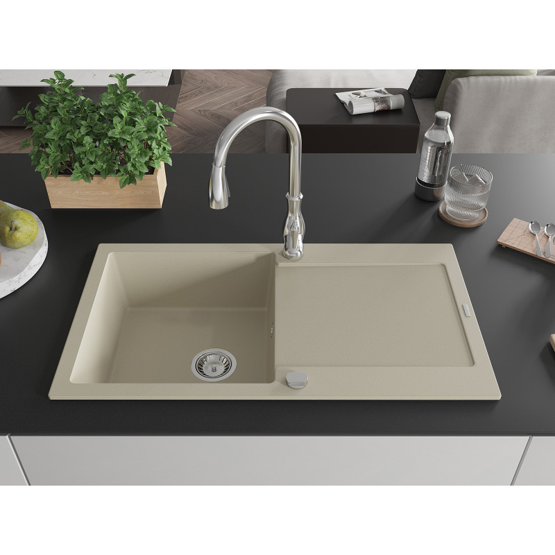 Mexen Leo 1-Kammer Granitspüle mit Abtropffläche und Küchenarmatur Savita, beige - 6501-69-672601-00