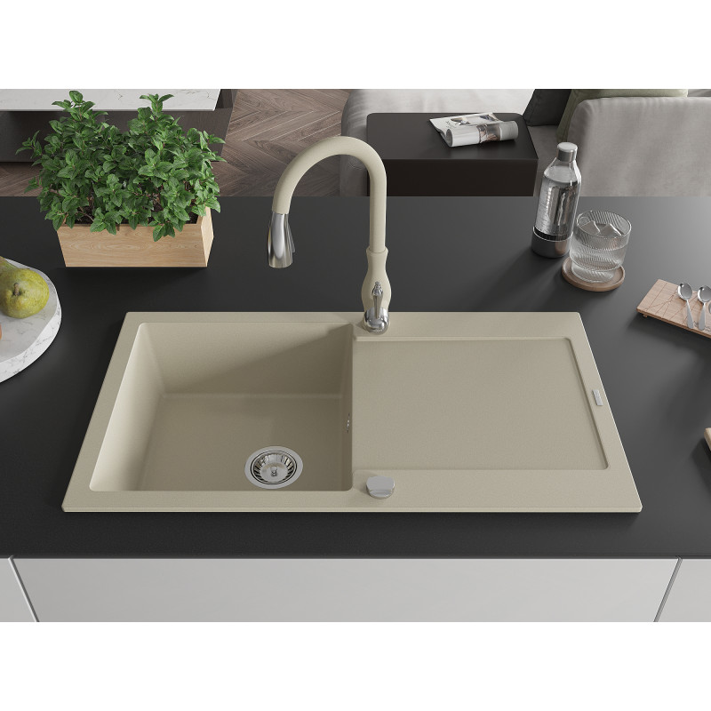 Mexen Leo Granitspüle 1-Becken mit Abtropffläche und Küchenarmatur Savita, beige - 6501-69-672601-69