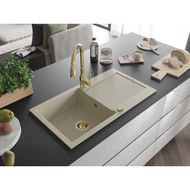 Mexen Leo Granitspüle, 1-Becken mit Abtropffläche und Küchenarmatur Savita, beige - 6501-69-672601-50