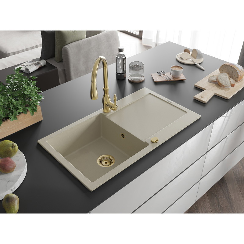 Mexen Leo Granitspüle 1-beckig mit Abtropffläche und Küchenarmatur Savita, beige - 6501-69-672601-50