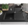 Mexen Leo Granitspüle 1-Becken mit Abtropffläche und Küchenarmatur Savita, schwarz/silber metallic - 6501-73-672601-70-B