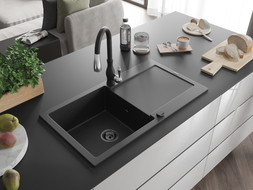 Mexen Leo Granitspüle 1-Becken mit Abtropffläche und Küchenarmatur Savita, schwarz/silber metallic - 6501-73-672601-70-B