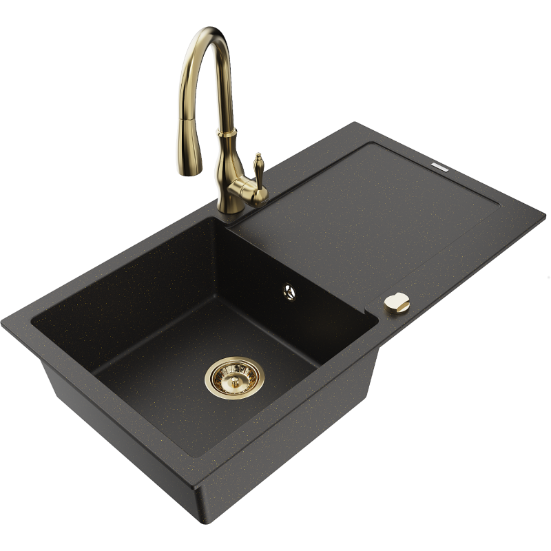 Mexen Leo Einzelbecken Granitspüle mit Abtropffläche und Küchenarmatur Savita, schwarz/golden metallic - 6501-75-672601-50