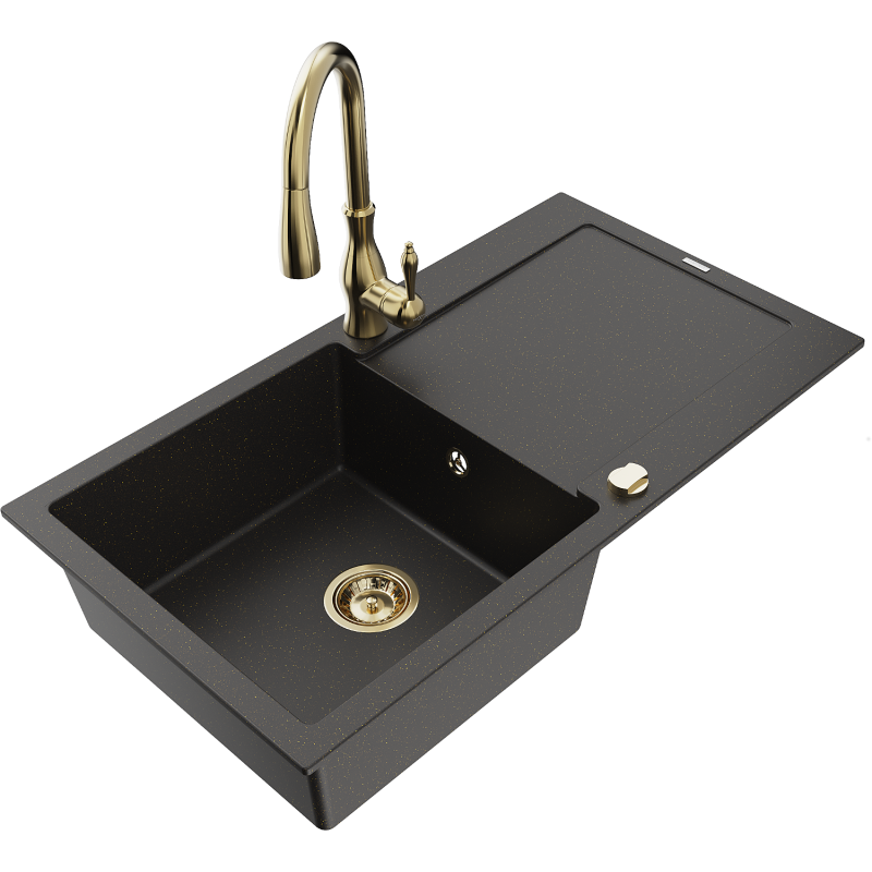 Mexen Leo Granitspüle 1-Becken mit Abtropffläche und Küchenarmatur Savita, schwarz/gold metallic - 6501-75-672601-50