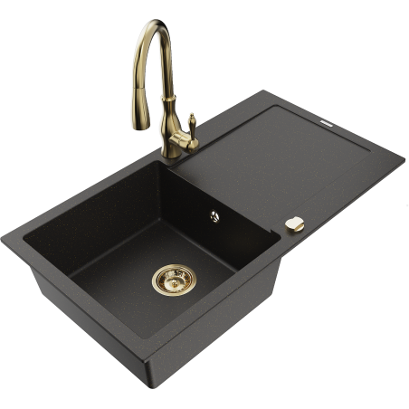 Mexen Leo Einzelbecken Granitspüle mit Abtropffläche und Küchenarmatur Savita, schwarz/golden metallic - 6501-75-672601-50