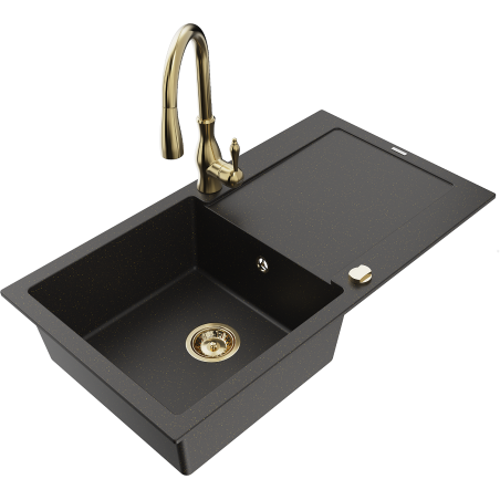 Mexen Leo Granitspüle 1-Becken mit Abtropffläche und Küchenarmatur Savita, schwarz/gold metallic - 6501-75-672601-50
