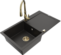 Mexen Leo Granitspüle 1-Becken mit Abtropffläche und Küchenarmatur Savita, schwarz/gold metallic - 6501-75-672601-50
