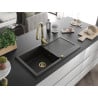 Mexen Leo Granitspüle 1-Becken mit Abtropffläche und Küchenarmatur Savita, schwarz/gold metallic - 6501-75-672601-50