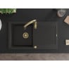 Mexen Leo Granitspüle 1-Becken mit Abtropffläche und Küchenarmatur Savita, schwarz/gold metallic - 6501-75-672601-50