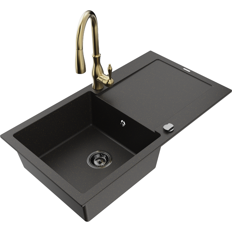 Mexen Leo Granitspüle 1-Becken mit Abtropffläche und Küchenarmatur Savita, Schwarz/Gold Metallic - 6501-75-672601-50-B