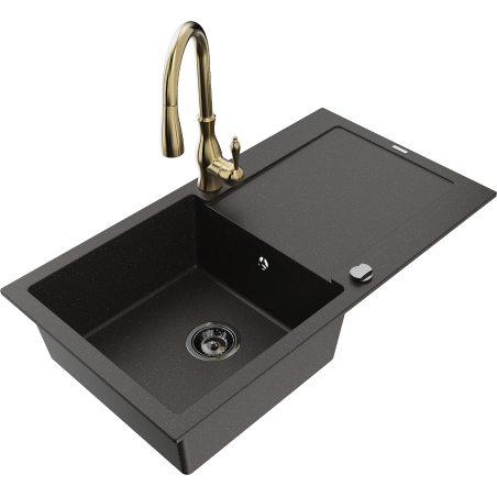 Mexen Leo Granitspüle 1-Becken mit Abtropffläche und Küchenarmatur Savita, Schwarz/Gold Metallic - 6501-75-672601-50-B
