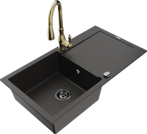 Mexen Leo Granitspüle 1-Becken mit Abtropffläche und Küchenarmatur Savita, Schwarz/Gold Metallic - 6501-75-672601-50-B
