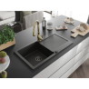 Mexen Leo Granitspüle 1-Kammer mit Abtropffläche und Küchenarmatur Savita, schwarz/gold metallic - 6501-75-672601-50-B