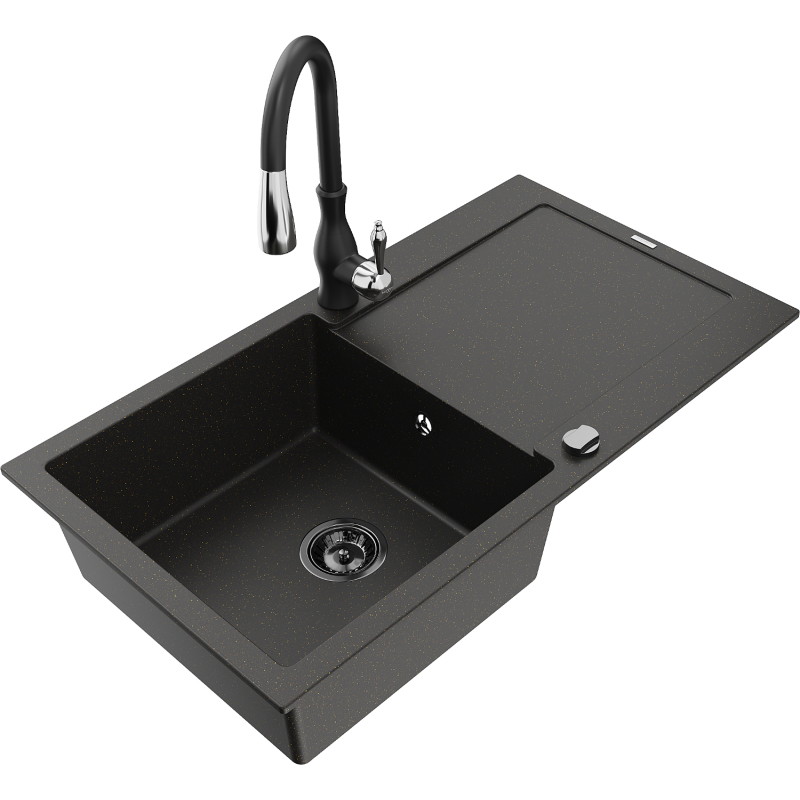 Mexen Leo Granitspüle 1-Becken mit Abtropffläche und Küchenarmatur Savita, schwarz/gold metallic - 6501-75-672601-70-B