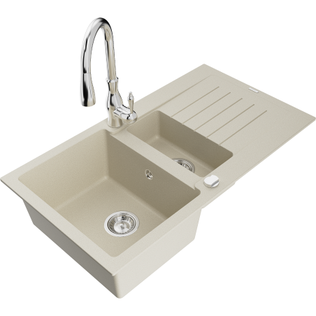 Mexen Matias Granitspüle 1,5-Becken mit Abtropffläche und Küchenarmatur Savita, beige - 6502-69-672601-00