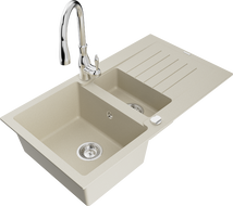 Mexen Matias Granitspüle 1,5-Becken mit Abtropffläche und Küchenarmatur Savita, beige - 6502-69-672601-00