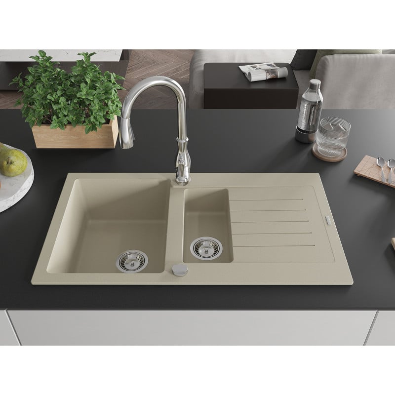 Mexen Matias Granitspüle 1,5-Becken mit Abtropffläche und Küchenarmatur Savita, beige - 6502-69-672601-00