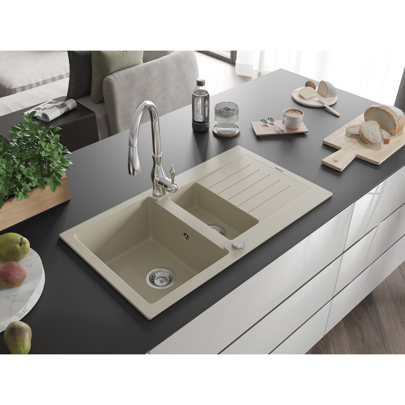 Mexen Matias Granitspüle 1,5-Kammer mit Abtropffläche und Küchenarmatur Savita, beige - 6502-69-672601-00