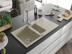 Mexen Matias Granitspüle 1,5-Becken mit Abtropffläche und Küchenarmatur Savita, beige - 6502-69-672601-00