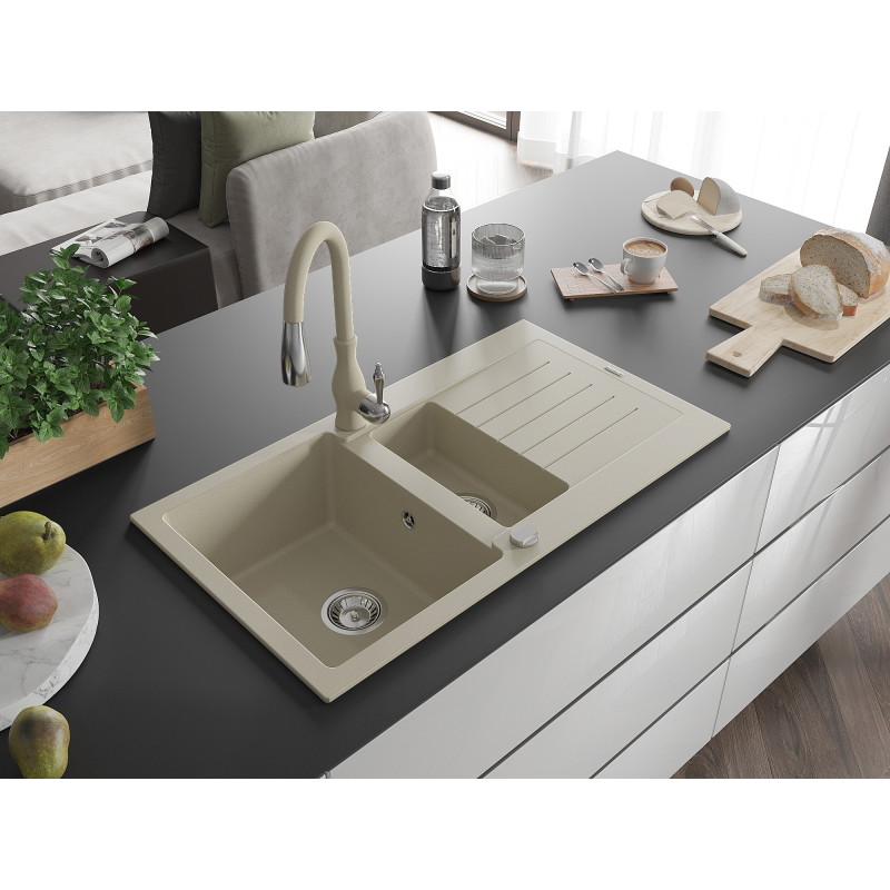 Mexen Matias Granitspüle 1,5-becken mit Abtropffläche und Küchenarmatur Savita, beige - 6502-69-672601-69