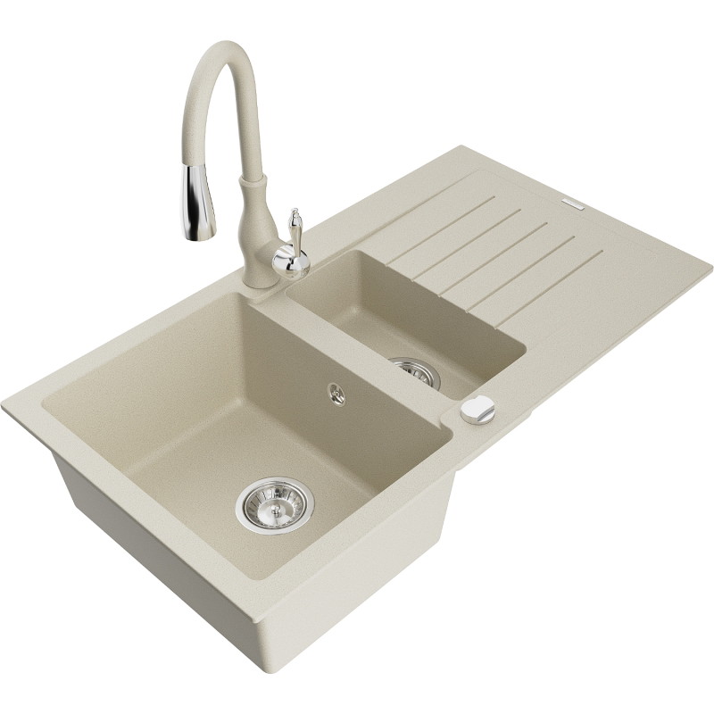 Mexen Matias 1,5-Kammer Granitspüle mit Abtropffläche und Küchenarmatur Savita, beige - 6502-69-672601-69
