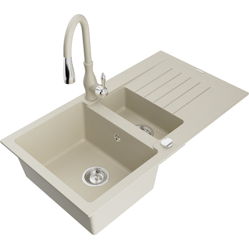 Mexen Matias Granitspüle 1,5-beckig mit Abtropffläche und Küchenarmatur Savita, beige - 6502-69-672601-69