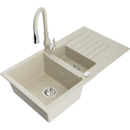 Mexen Matias Granitspüle 1,5-becken mit Abtropffläche und Küchenarmatur Savita, beige - 6502-69-672601-69