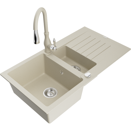 Mexen Matias Granitspüle 1,5-beckig mit Abtropffläche und Küchenarmatur Savita, beige - 6502-69-672601-69