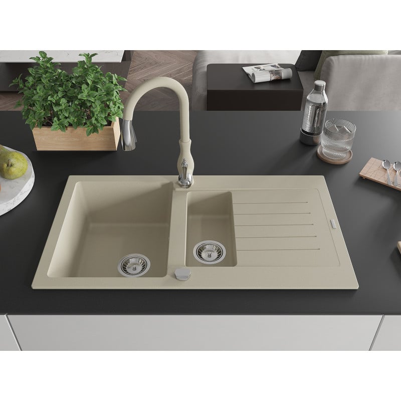Mexen Matias Granitspüle 1,5-beckig mit Abtropffläche und Küchenarmatur Savita, beige - 6502-69-672601-69