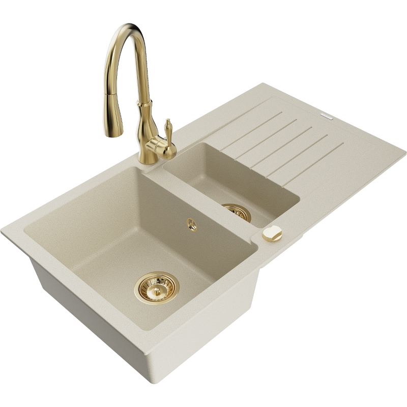 Mexen Matias Granitspüle 1,5-becken mit Abtropffläche und Küchenarmatur Savita, beige - 6502-69-672601-50