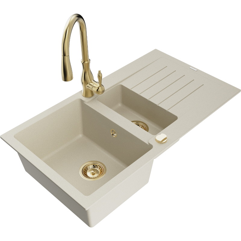 Mexen Matias Granitspüle 1,5-beckig mit Abtropffläche und Küchenarmatur Savita, beige - 6502-69-672601-50