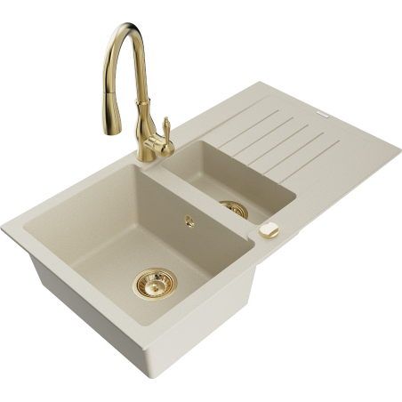 Mexen Matias Granitspüle 1,5-becken mit Abtropffläche und Küchenarmatur Savita, beige - 6502-69-672601-50