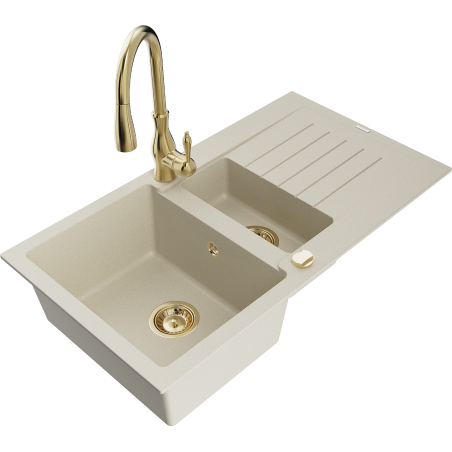 Mexen Matias Granitspüle 1,5-beckig mit Abtropffläche und Küchenarmatur Savita, beige - 6502-69-672601-50