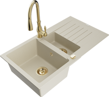 Mexen Matias Granitspüle 1,5-becken mit Abtropffläche und Küchenarmatur Savita, beige - 6502-69-672601-50