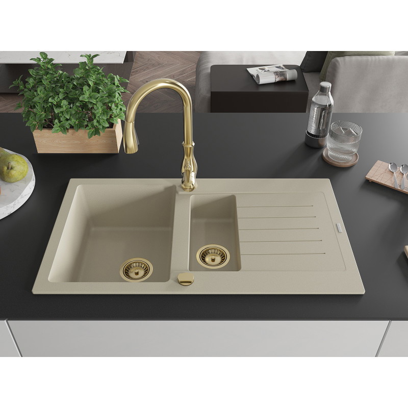 Mexen Matias Granitspüle 1,5-becken mit Abtropffläche und Küchenarmatur Savita, beige - 6502-69-672601-50