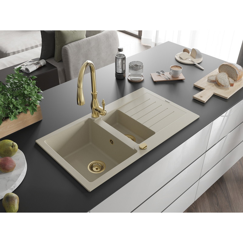 Mexen Matias Granitspüle 1,5-beckig mit Abtropffläche und Küchenarmatur Savita, beige - 6502-69-672601-50