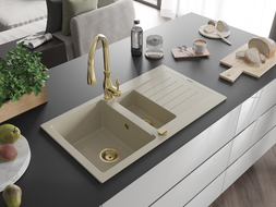 Mexen Matias Granitspüle 1,5-becken mit Abtropffläche und Küchenarmatur Savita, beige - 6502-69-672601-50