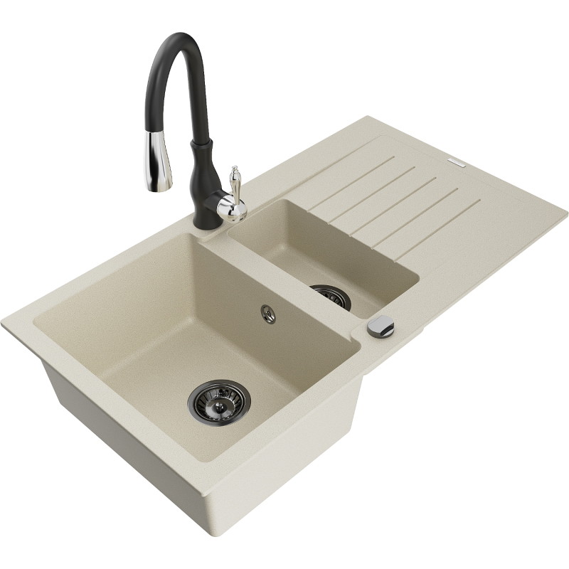 Mexen Matias Granitspüle 1,5-Becken mit Abtropfer und Küchenarmatur Savita, beige - 6502-69-672601-70