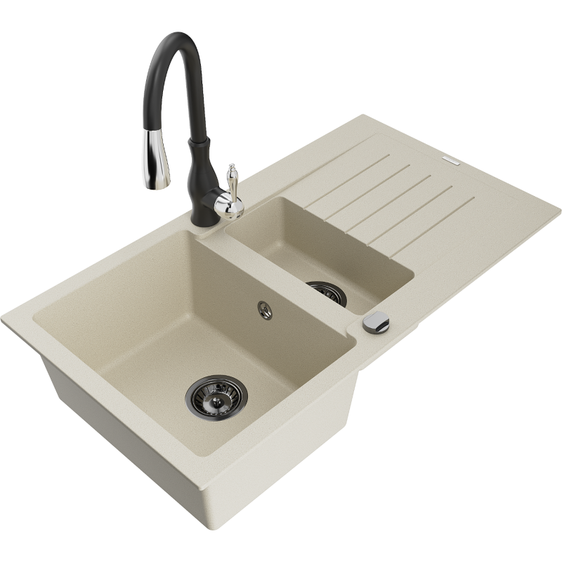 Mexen Matias granitspüle 1,5-fach mit abtropffläche und küchenarmatur Savita, beige - 6502-69-672601-70