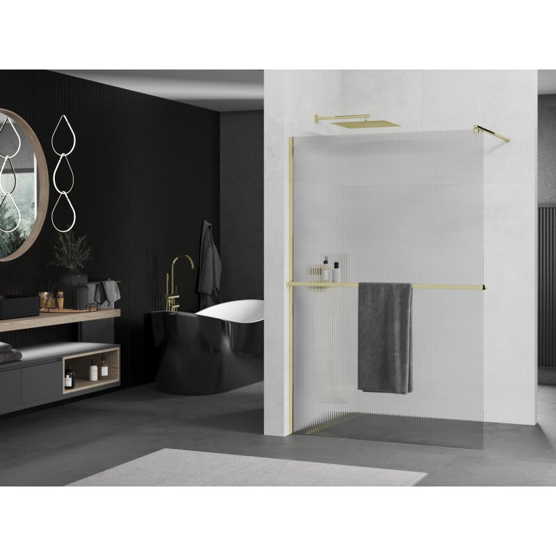 Mexen Kioto+ Duschwand mit Regal Walk-in 90 x 200 cm, Rillen, Gold - 800-090-121-50-09