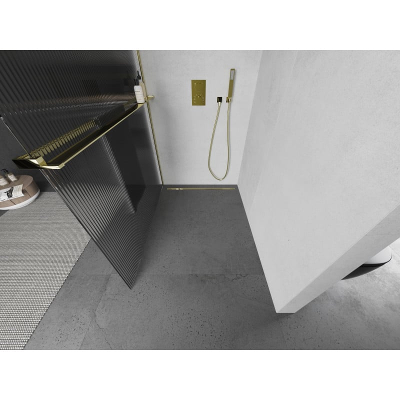 Mexen Kioto+ Duschwand mit Regal Walk-in 130 x 200 cm, Streifen, Gold - 800-130-121-50-09