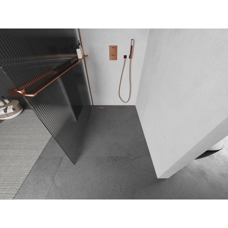 Mexen Kioto+ Duschwand mit Regal Walk-in 130 x 200 cm, Streifen, Roségold - 800-130-121-60-09