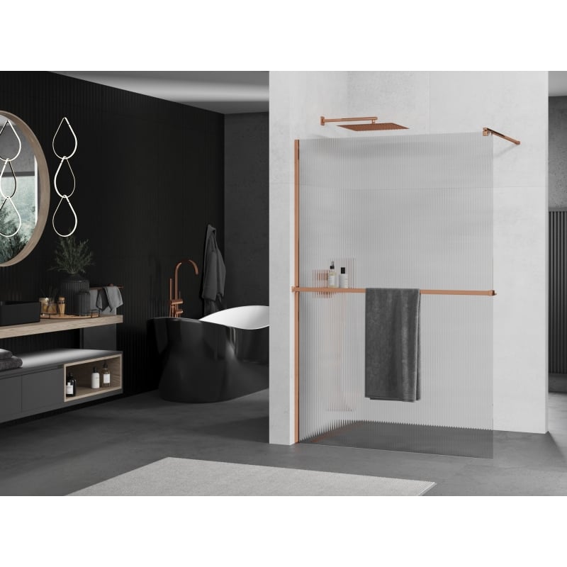 Mexen Kioto+ Duschwand mit Ablage Walk-in 130 x 200 cm, Streifen, Roségold - 800-130-121-60-09