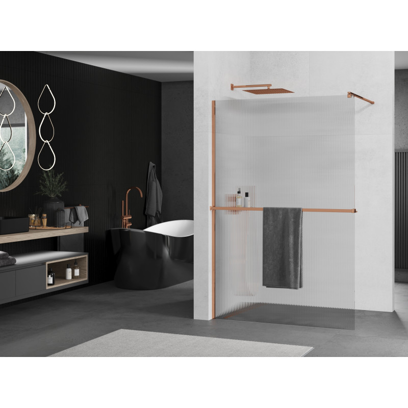 Mexen Kioto+ Duschwand mit Regal Walk-in 130 x 200 cm, Streifen, Roségold - 800-130-121-60-09