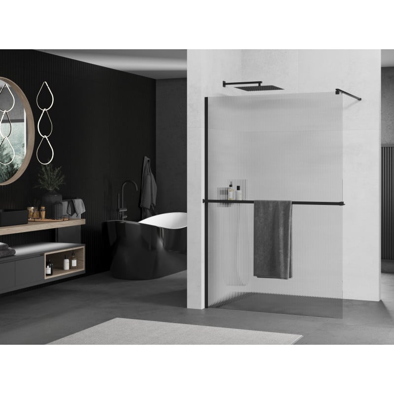 Mexen Kioto+ Duschwand mit Regal Walk-in 90 x 200 cm, Streifen, schwarz - 800-090-121-70-09